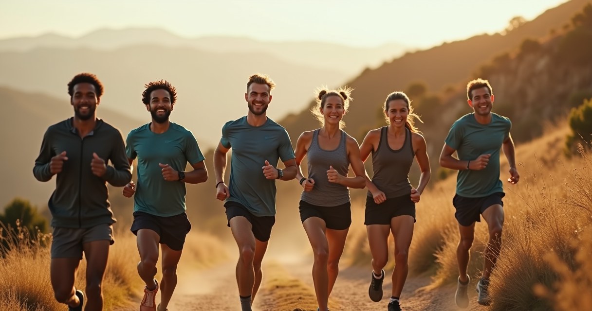 Six club runners smiling and running together along a sunlit mountain trail