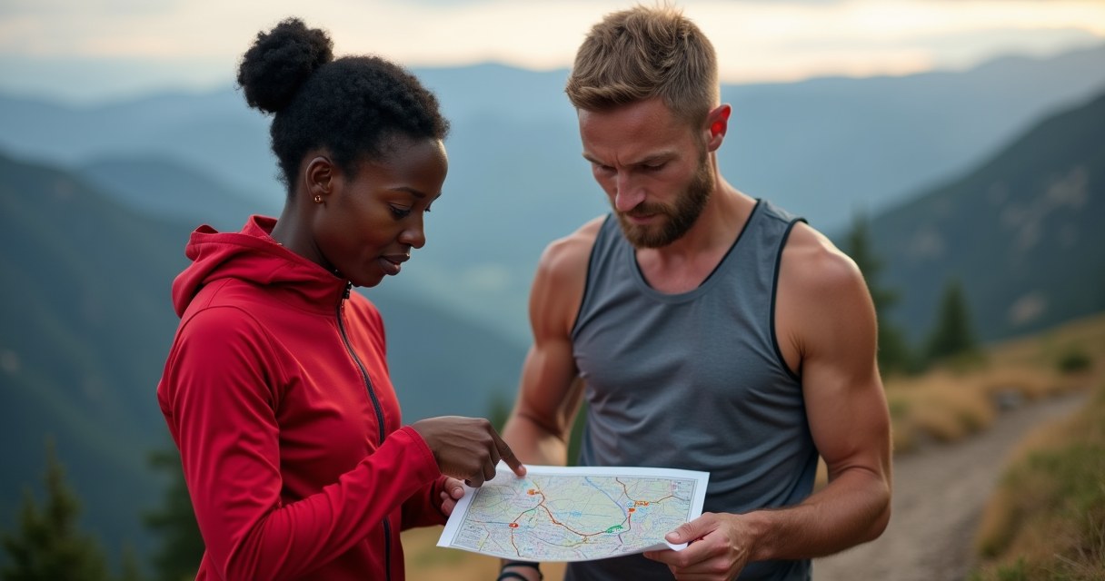 A running coach and an athlete studying a paper route map together on a mountain trail