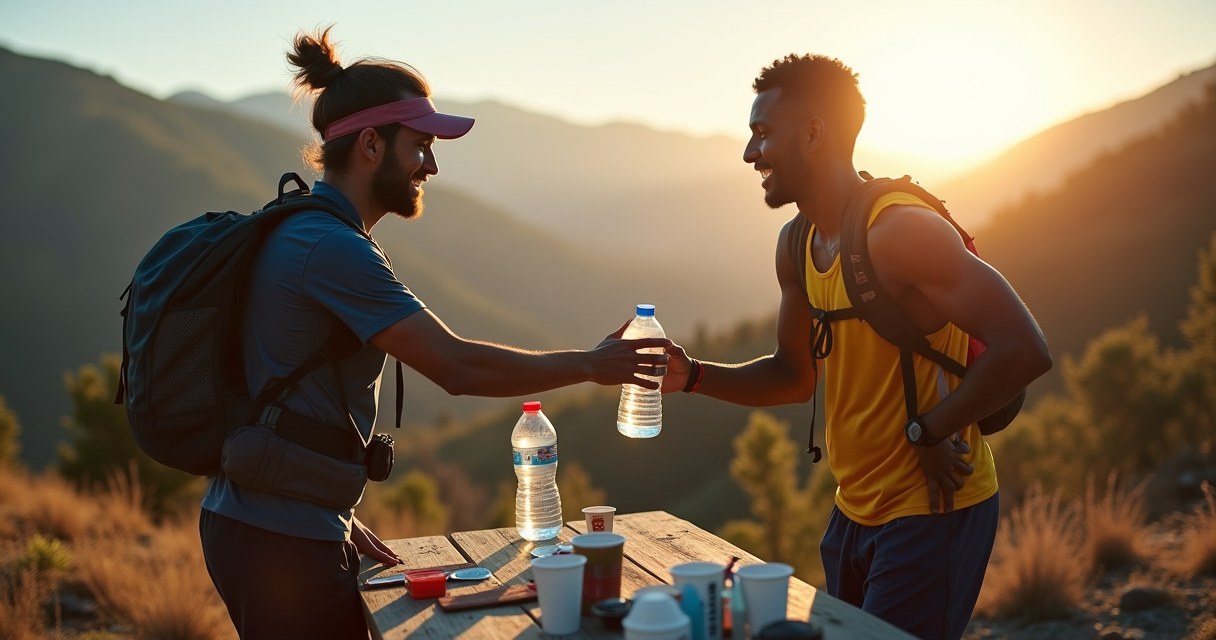 A race crew volunteer handing a water bottle to a runner at a mountain aid station at sunset