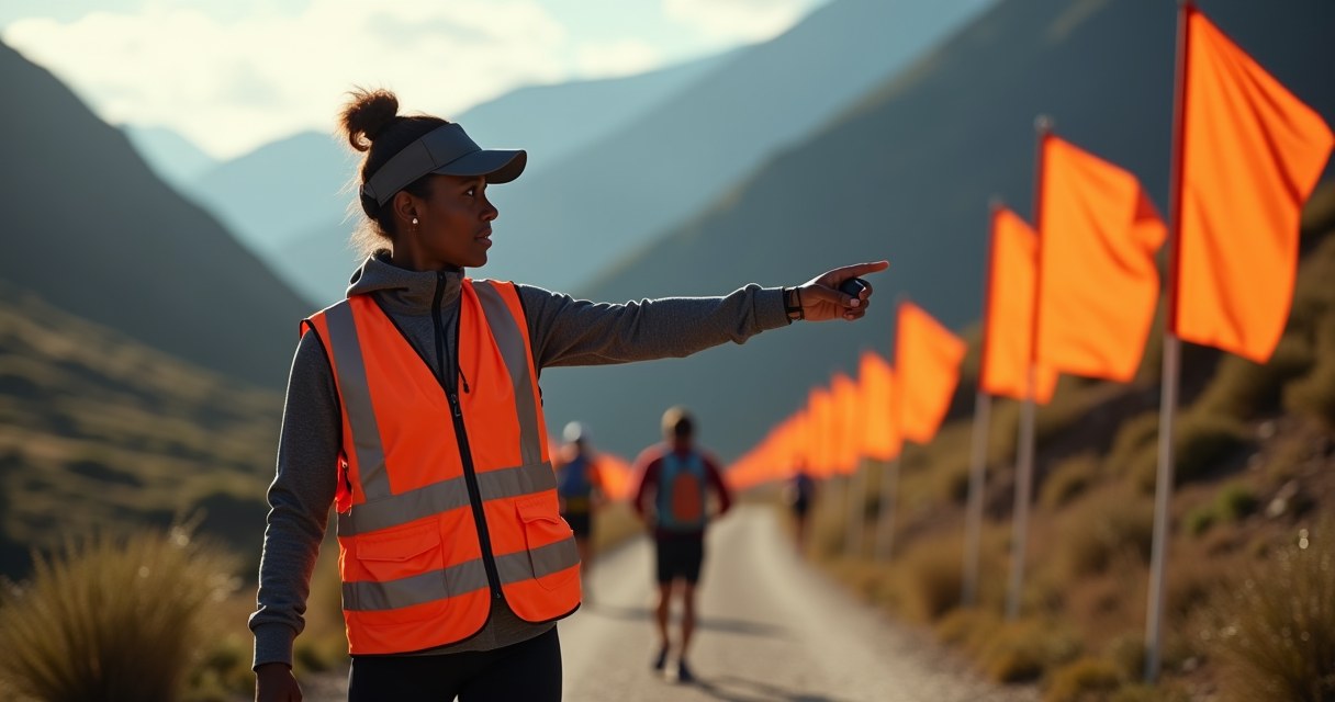 A race marshal in a hi-vis vest pointing runners along a flagged mountain course