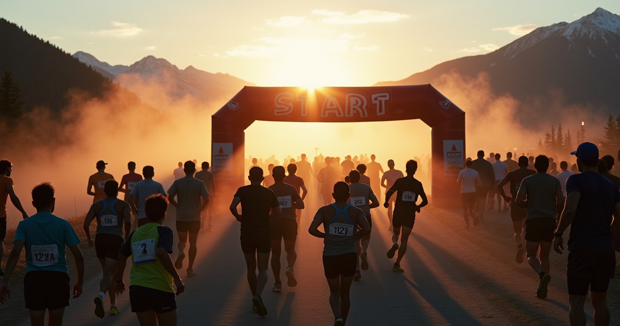 Runners streaming through a misty start-line arch at dawn with mountains behind