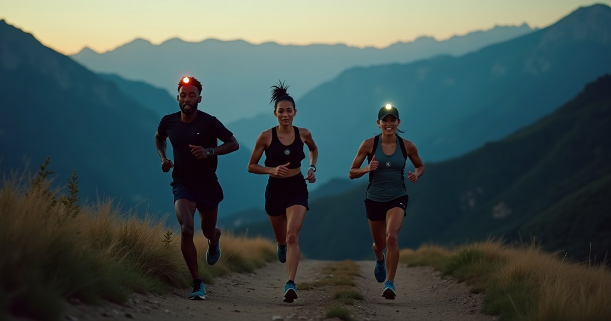 Three ultrarunners with headlamps running together on a mountain trail at dusk