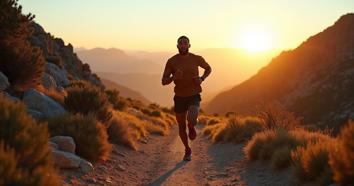 A trail runner sprinting along a rocky mountain ridge at golden hour, sun low behind the peaks