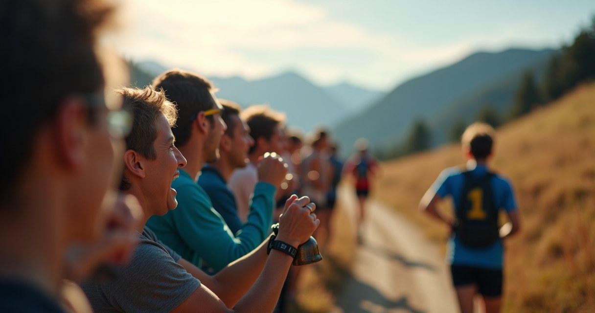 Spectators cheering and ringing a cowbell trailside as a runner passes at golden hour